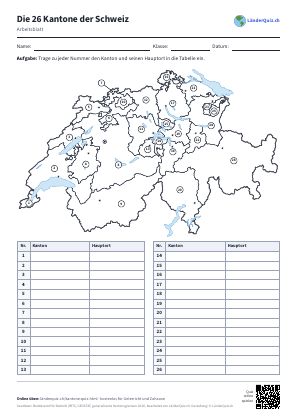 Arbeitsblatt: Kantone der Schweiz zum Ausdrucken